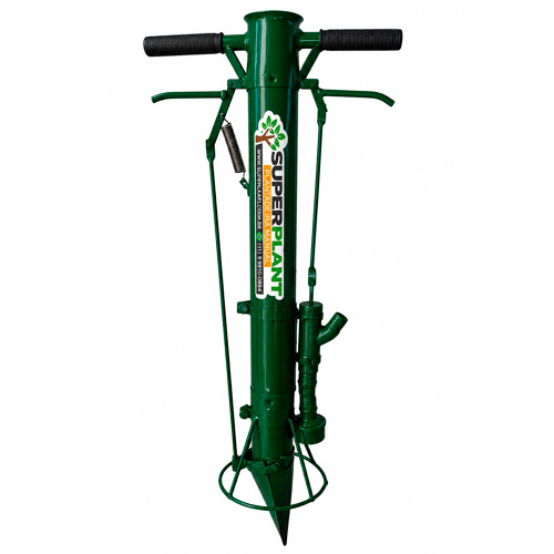 Plantadeira Manual com Duas Empunhadura, Cano de 75 mm de Alumínio, Bico em Aço Carbono , Válvula de Irrigação+ limitador de profundidade regulável
